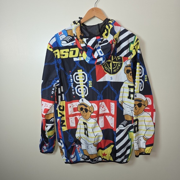 Reason Windbreaker Jacket Mens Size M Red Half Zip Sailor Teddy Bear Hooded - Picture 2 of 5
